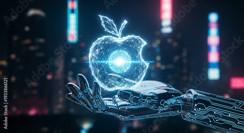Robotic hand holds glowing blue neon apple with leaf circuit board design futuristic cityscape background at night