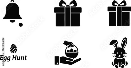 Black easter egg hunt icons set on white background with simple designs