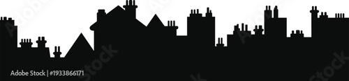 Black silhouette of Victorian rooftops with chimneys and gables traditional European old town cityscape skyline isolated on white background vector