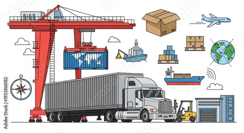 Global Logistics and Shipping Transportation Network Illustration.