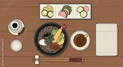 Japanese Soba Noodles with Tempura and Side Dishes