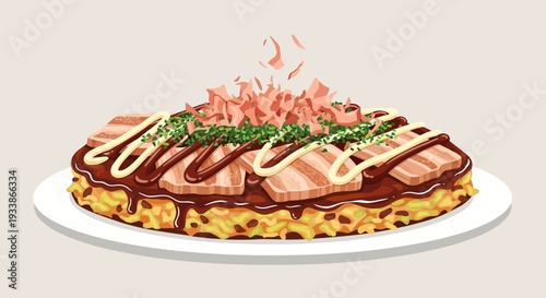 Okonomiyaki with Bacon and Mayo - Delicious Japanese Food Illustration