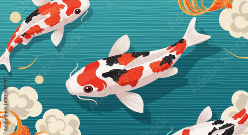 Koi Carp Swimming in Blue Water with Decorative Elements