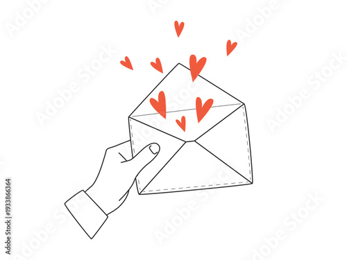 A love letter. A hand holds an open envelope with hearts flying out of it - outline illustration with red accent. Vector illustration isolated on a white background