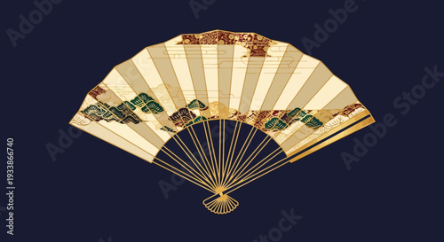 Japanese Folding Fan with Traditional Landscape Design