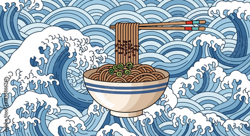 Japanese Noodles Bowl with Waves Background