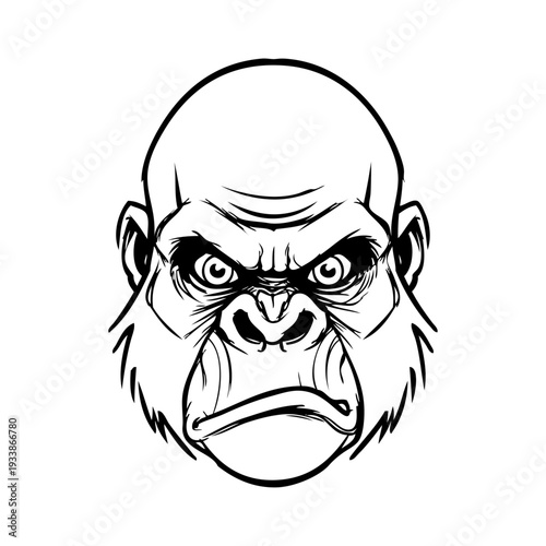 Dibujo sencillo con líneas de la cabeza de un gorila o chimpancé enojado 