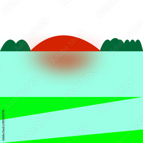 A minimalist illustration depicting a vibrant red sunset descending behind stylized green hills