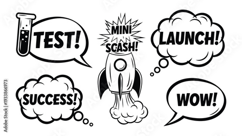 Launch and Success: A dynamic illustration showing a rocket launching amidst speech bubbles, featuring key phrases that capture excitement and anticipation.