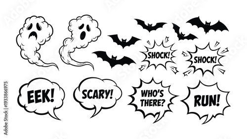 Spooky Illustration: A collection of cartoon ghosts, bats and speech bubbles with various spooky texts create a fun and creepy Halloween themed vector graphics set.