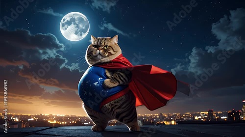 Superhero cat in cape standing on rooftop under moonlit sky