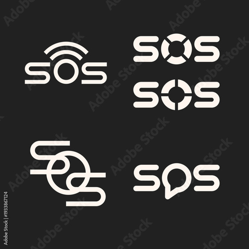 SOS Logo Design Set with Modern Emergency Signal, Help, Communication, and Rescue Icons