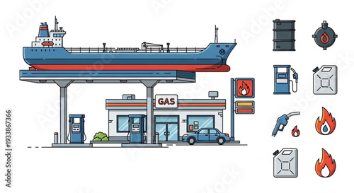 Gas Station with Boat and Icons.