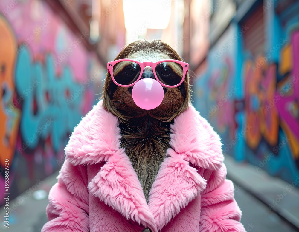 Fototapeta premium Faultier mit Sonnenbrille und rosa Pelzmantel macht eine Kaugummiblase