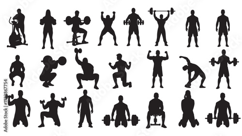Silhouettes of people exercising in various dynamic poses with dumbbells and weights in black on white background for fitness illustration