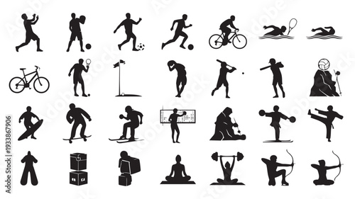 Collection of people exercising in various dynamic silhouettes with black color on white background for fitness branding