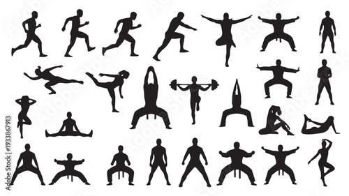 Yoga Silhouettes in Various Poses in Black on White Background for Fitness and Wellness