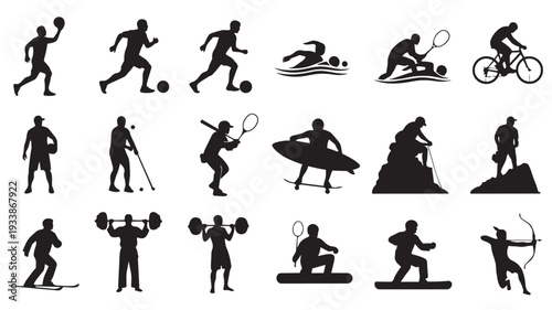 Silhouettes of athletes in various sports actions in dynamic poses with dramatic lighting on white background for fitness advertising