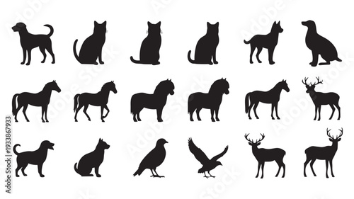 Animal Silhouettes Collection in Simple Flat Design with Black Color on White Background for Graphic Design