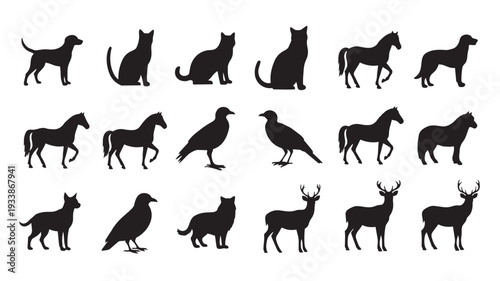 Animal Silhouettes Collection in Simple Flat Design with Black Color on White Background for Graphic Design