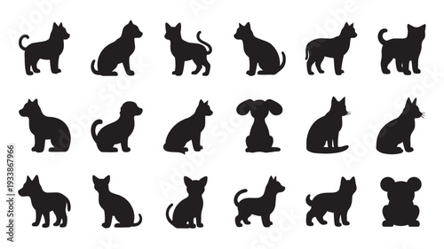 Cat Silhouettes in Various Poses in Black on White Background for Pet Illustration
