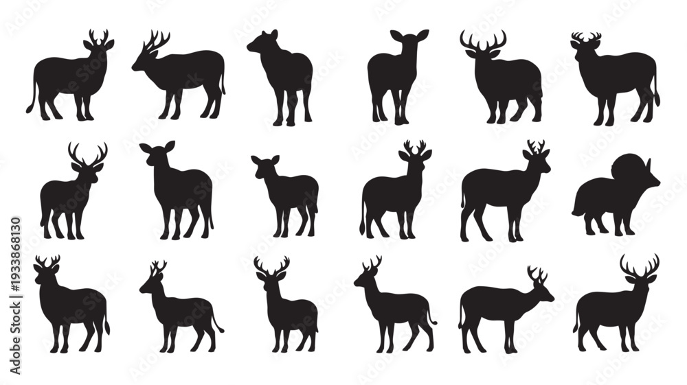 Obraz premium Deer Silhouettes Collection in Various Poses and Antler Configurations in Black on White Background for Wildlife Illustration