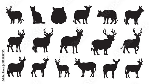Deer Silhouettes Collection in Various Poses and Antlers on White Background for Wildlife Illustration