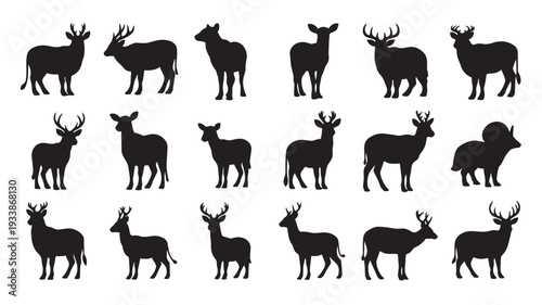Deer Silhouettes Collection in Various Poses and Antler Configurations in Black on White Background for Wildlife Illustration
