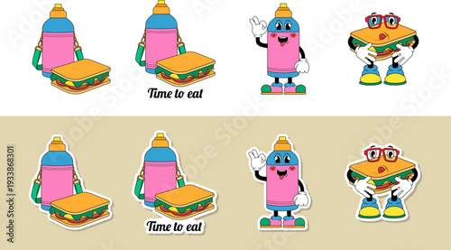 Vintage sandwich and water bottle characters sticker set, retro cartoon camping food icons
