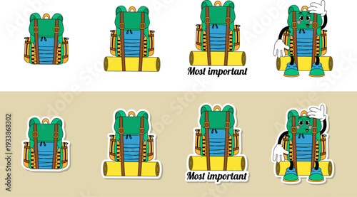 Vintage hiking backpack character and sticker set, camping gear illustrations in retro cartoon style