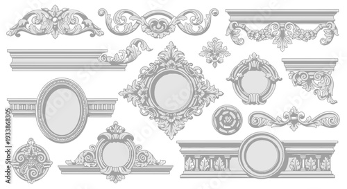 Collection of ornate white decorative elements and borders with classic and baroque designs for architectural and interior design applications
