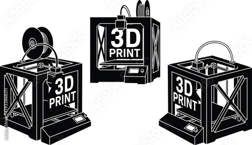 3D Printer Illustration Set with Desktop Additive Manufacturing Machines, Three Dimensional Printing Technology Vector Graphics.