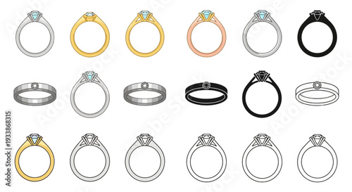 An assortment of modern and classic diamond engagement rings displayed in a grid, showcasing various precious metals and styles