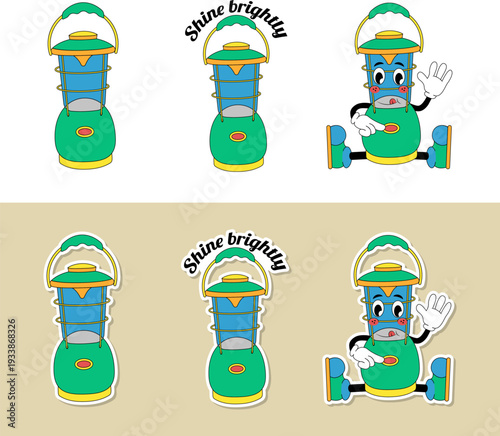 Vintage camping lantern character and sticker set, retro cartoon gas lamp