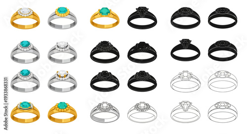 Collection of various diamond and gemstone engagement rings in different styles and metal finishes, showcased in a grid layout