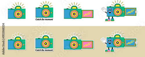 Vintage photo camera character and sticker set, retro cartoon photography