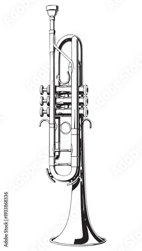 Classic brass trumpet resting on a stand with intricate detailing and a monochrome studio backdrop.