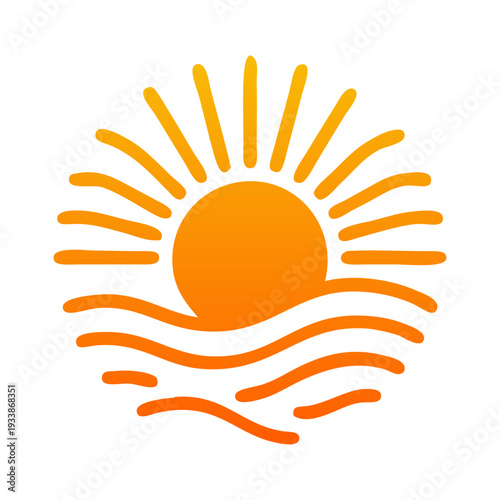 Logo agencia de viajes. Vacaciones de verano. Dibujo sencillo con líneas de un sol con olas de mar de color anaranjado 