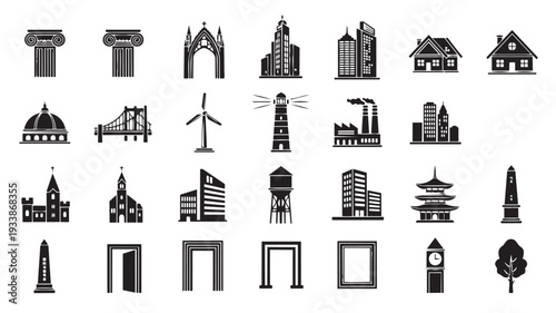 Monochromatic Architectural Icons Set in Simple Flat Design with Gray Color Scheme for UIUX