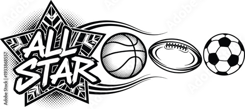 All Star Sports Typography with Basketball Football and Soccer Ball Black and White Vector Illustration