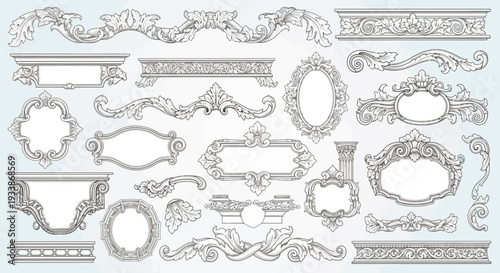 Ornate vintage decorative elements, frames, and borders in a classic baroque style, vector illustration