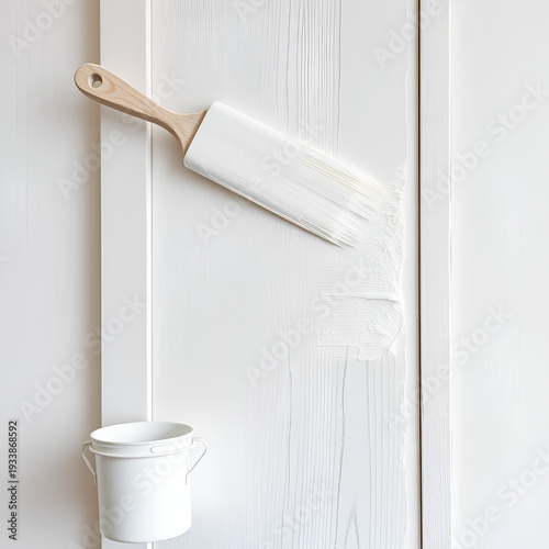 Photo of painting with white paint on wood. Interior painting. Making repairs, painting. White paint