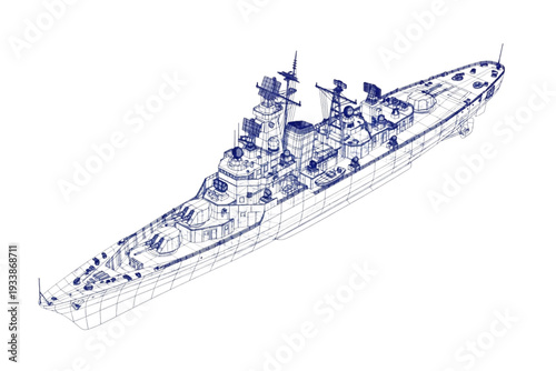 Detailed Warship - 3D Wireframe Model Isometric View Isolated White Background Vector