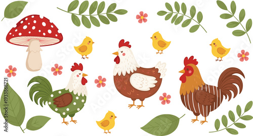 Cute Farm Poultry Illustration Set with Hens, Roosters, Chicks, Spotted Mushroom, and Green Leaves for Spring Design Projects.