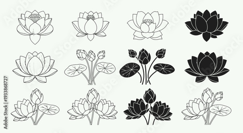Collection of lotus flower illustrations in outline and solid black, featuring blooming flowers and budding plants, perfect for decorative and botanical designs