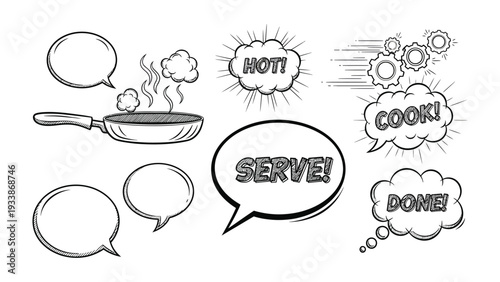 Cooking Comic Elements: Comic-style speech bubbles and food-related elements, perfect for illustrating culinary concepts or storytelling in a playful manner.