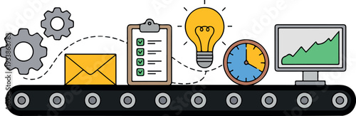 Vector illustration of a modern office conveyor belt displaying various tasks and productivity tools for organized workflow management