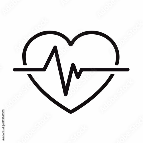 Black line drawing of a heart with an electrocardiogram line across it on a white background.