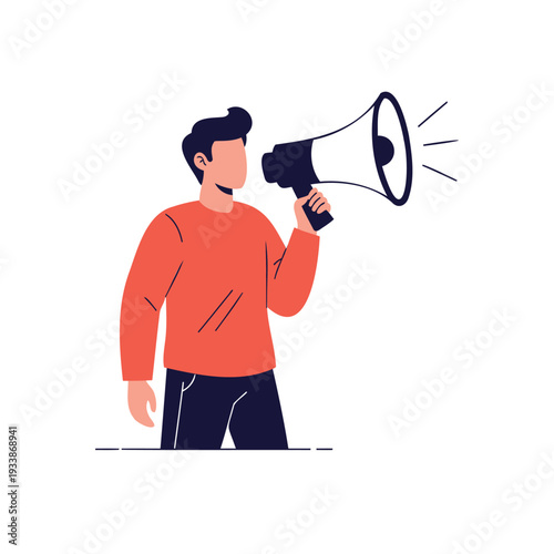 Man holding megaphone, announcing loudly to the public, vector illustration of a person shouting