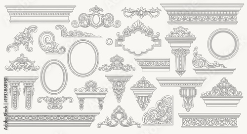 Collection of ornate decorative elements and architectural embellishments, featuring scrolls, borders, and frames in a vintage style